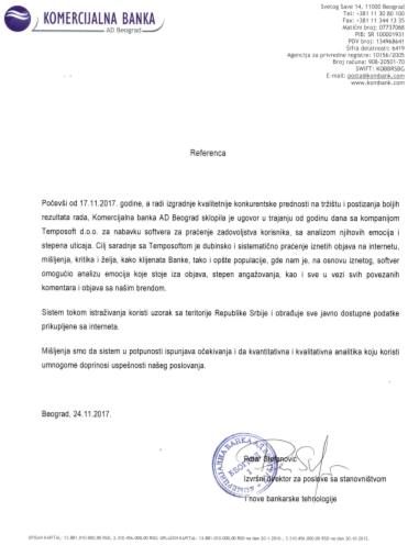 Signed reference letter from Komercijalna Banka confirming the engagement
